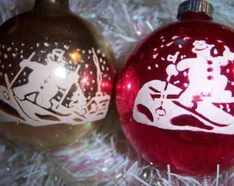 Vintage Old 1950's Shiny Brite Mercury Glass Snowman Snow Man Skiing Stenciled Christmas Tree Ornaments Red Gold Set of Two