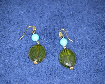 Vintage Green and Turquoise Dangle Earrings / Free Shipping
