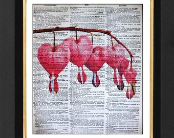 Pink Bleeding Heart Flowers-ORIGINAL ARTWORK Mixed Media art print on 8x10 Vintage Dictionary page, Dictionary art, Dictionary print