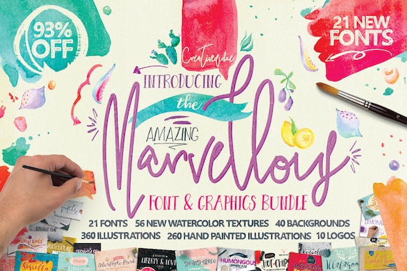 93% OFF Sale, Marvellous fonts Bundle, modern calligraphy, wedding fonts, Watercolor Clipart, Digital Paper