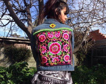 Embellished Denim Jacket- upcycled-Bohemian-Gypsy