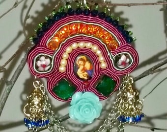Soutache Necklace/Brooch, Soutache Upcycled Necklace/Brooch, Soutache Handmade Hand Embroidered Necklace/Brooch, Soutache Multicoloured