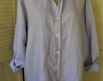 Linen-Cotton Shirt/ Window Pane Weave/ Light Blue 1X Top/ Thrifted Chic/ Shabbyfab Funwear
