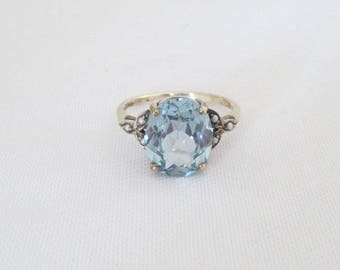 Vintage Sterling Silver Aquamarine & Seed Pearl Ring Size 8