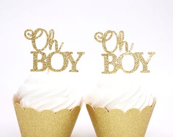 Oh Boy Cupcake Toppers - Baby Shower Cupcake Toppers - Gold Glitter Oh Boy Topper - Boy Baby Shower Toppers - Gender Reveal Decor