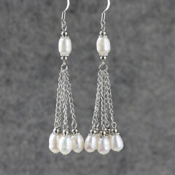 Linear long dangling pearl earrings Bridesmaids gifts Free US