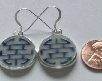 Blue Zodiac - Upcycled Chinese Pottery Shard Earrings on Sterling Silver Earwires