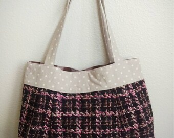 PLEATED TOTE - pink X brown tweed with polka dot handles