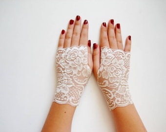 Champagne Lace fingerless gloves, Beige Lace Fingerless Gloves Champagne Cream Wedding Gloves