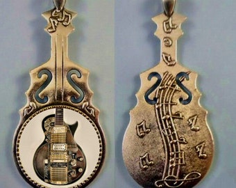 Guitar Pendant,Vintage Guitar, Antique Guitar, Guitar Necklace, Steampunk Guitar, Music Jewelry, Ancient Guitar, Reversible.