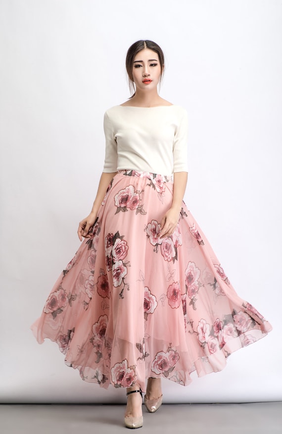 Chiffon maxi skirt floral skirt womens skirts pink print