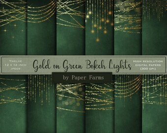 Gold bokeh lights, green background, green chalkboard, gold light strings, gold lights, bokeh light string, bokeh string, digital paper