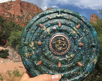 XL Powerful,Holographic Orgone charging disc with an Orgone copper cylinder, Green Calcite, Rhodizite, Shungiite, Peridot 8 in. 1/2 in