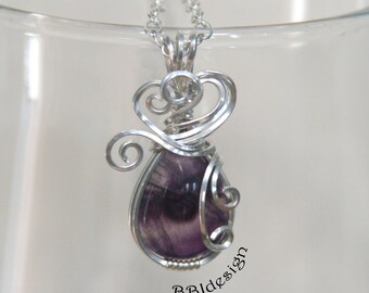 Fluorite Purple Striped Gemstone Cabochon Pendant Necklace Sterling Silver Wire Wrapped Teardrop