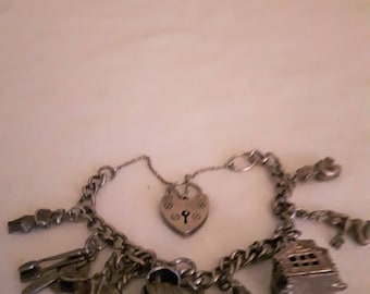 Vintage Sterling Silver Charm Bracelet with Sterling Silver Hallmarked on each Link - 1940s - Wedding/Birthday/Anniversary/Mother's Day
