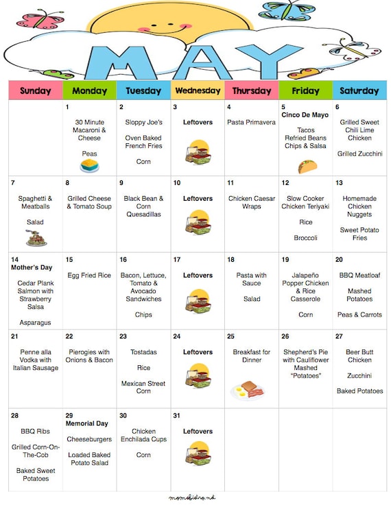menu calendar 2017