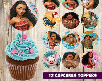 12 Moana Cupcakes Toppers instant download, Printable Moana party cupcakes Topper, Logo Moana Party, Moana 2 INCHES
