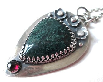 Green Moss Agate and Rhodolite Garnet Flower Pendant in Sterling Silver Necklace Jewelry