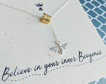 Silver Bee Necklace "Believe In Your Inner Beeyonce!" Necklace//Lariat Style//Queen Bee//Beyonce//Gold Crown// Quote jewellery//Gift box