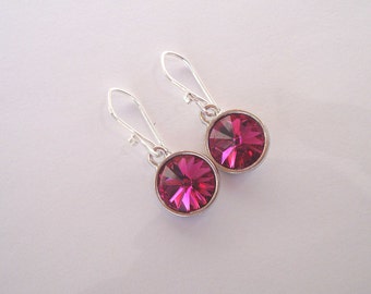 Fuchsia Swarovski Crystal Earrings on Sterling Silver Ear Wires - Rivoli Crystal in Hot Pink Gift under 20 Bridesmaid Jewelry