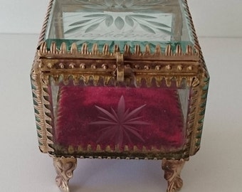 Antique Glass & Brass Trinket Jewelry Box.