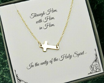 First Communion Gifts for Girls, Confirmation Gift Girl, Confirmation Gift, Christmas, Christian Gifts, Side Cross Necklace, Gold Filled