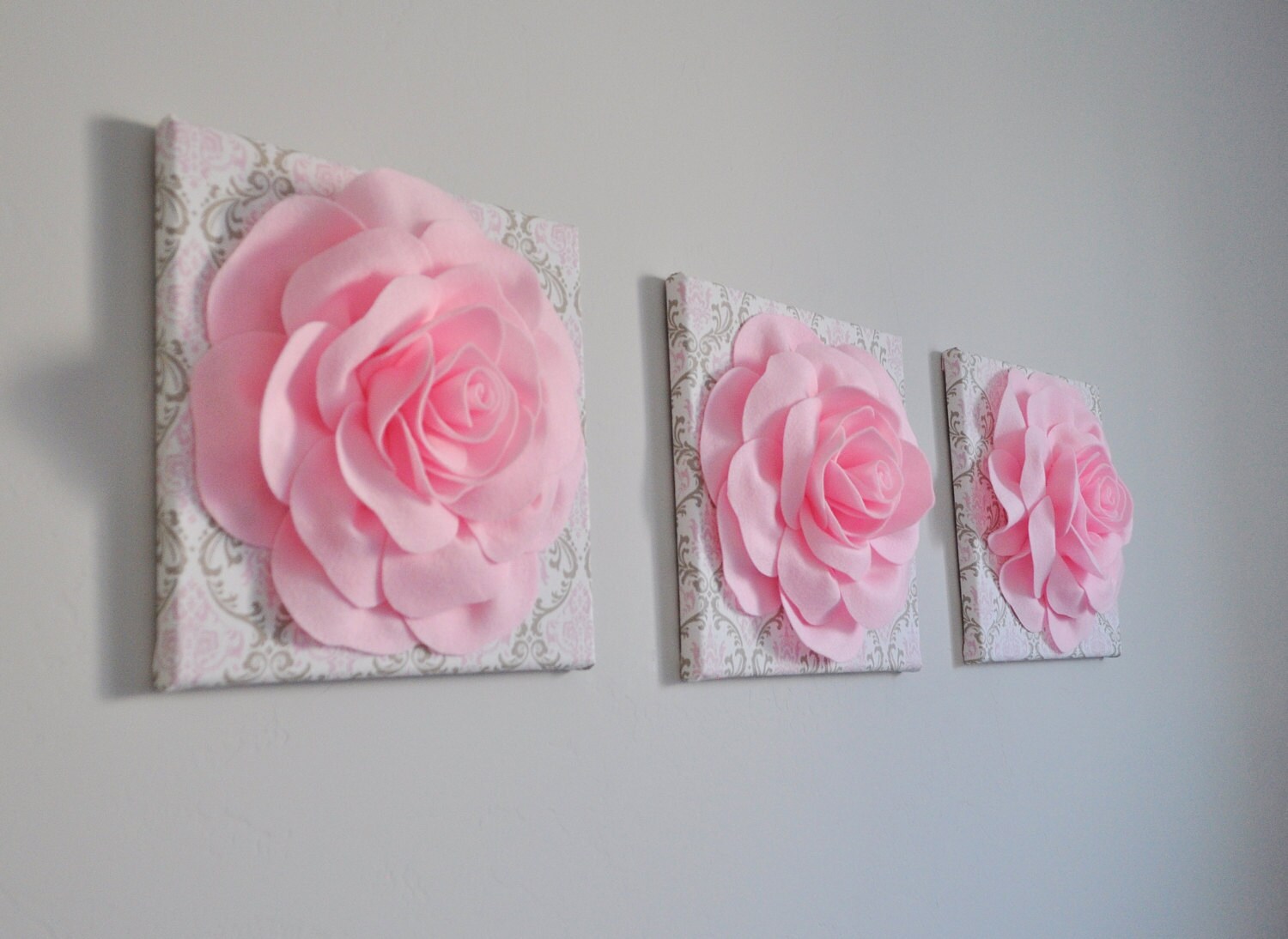 Wall Art SET OF THREE Light Pink Roses on White Taupe and