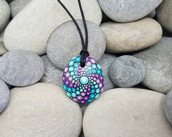 Turquoise Purple Mandala Necklace - Painted Rock Jewelry - Hand-Painted Mandala Rock - Paint Rock - Mandala Pendant - Chakra - Meditation