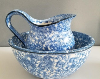 Vintage Blue Spongeware Pottery Set of Mixing Bowl and Pitcher Stangl Pottery Town and Country Rustic Cottage Shabby Spatter Spongeware
