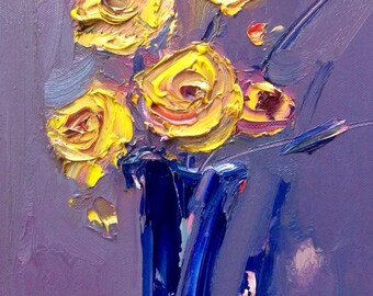 Yellow flowers oil painting on cardboard