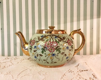 Lovely Vintage Gibsons Staffordshire England Green & Gold Floral Motif Teapot Tea Pot