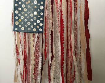 Textile Flag Wall Hanging Rag Flag Recycled Fabric American Flag Hanging w Antique Mother of Pearl Buttons Lace Scrap Fabric Red White Blue