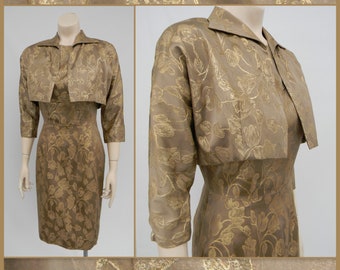 True Vintage 1950's 60's wiggle dress with cropped bolero jacket tan and gold jacquard bombshell