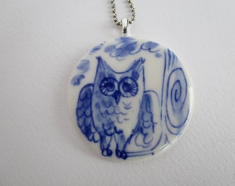 Owl Necklace - Hand made & Hand painted Blue and White Delftware Porcelain.