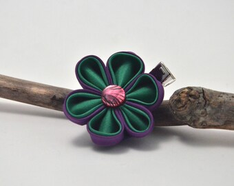 Green and Purple Silk Kanzashi Flower Hair Clip