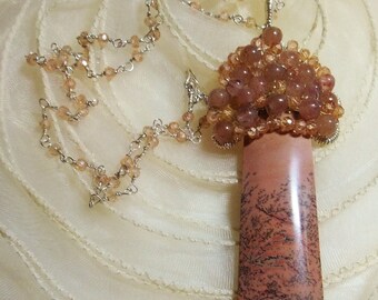 Paintbrush Jasper, Ruby Quartz and Champagne Zircon Sterling Pendant, Wire Wrapped