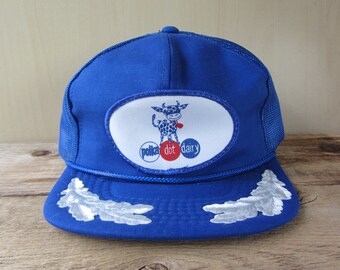 POLKA DOT DAIRY Original Vintage 80s Trucker Blue Hat Mesh Snapback Baseball Cap Dairy Cow Milk Captain Laurel Vernon Headliner Ballcap
