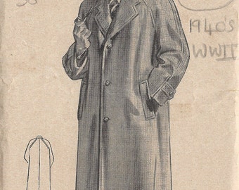 1940s WW2 Vintage Sewing Pattern MEN'S RAGLAN OVERCOAT C38" (1352) By Weldons 1336