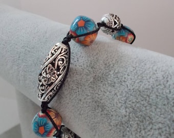 SALMON TURQUOISE flower and antique silver beads bracelet