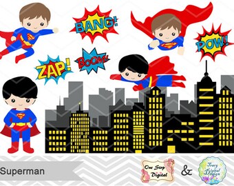 Digital Superhero Clip Art, Superhero Digital Clipart, Super Hero Boys Digital Clip Art, Superman Boy, Super Hero Pop Art Text Bubbles 00184