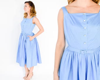 50s Blue Palazzo Jumpsuit | Sky Blue Cotton Sleeveless Full Skirt Playsuit Tea Party Dress | Medium