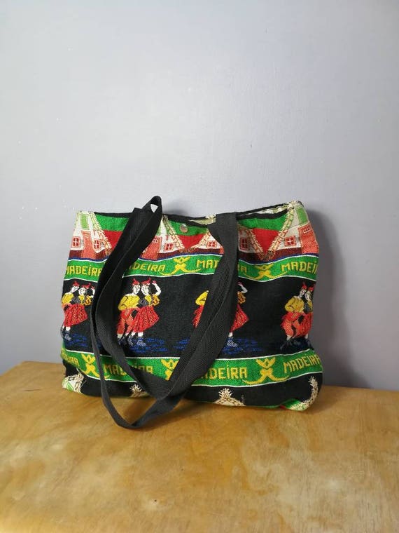 Vintage folk tote bag / black fabric tote bag / vintage souvenir bag / maderia / folk art bag / retro large shoulder bag