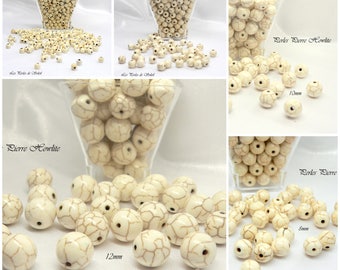 Stone beads natural white howlite featuring 4mm, 6mm, 8mm, 10mm, 12mm.