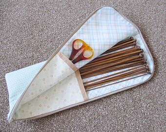 Handmade knitting needle case, knitting needles organizer, needles case, knitting, needles case, Moda, blue, beige, cream, zipper
