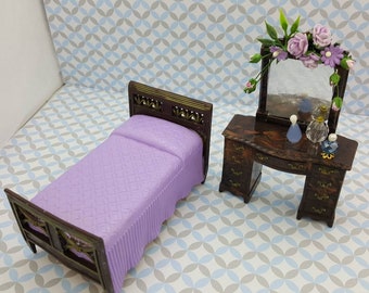 Renwal Bedroom Vanity Dresser Violet Spread Bed Doll House Toy miniature Bedroom hard plastic