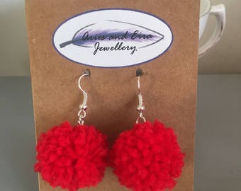 Red pompom earrings, festival earings, fun earrings, fun jewellery, festival jewellery