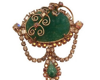 Vintage Hobe Green & Gold Rhinestone Brooch Pin