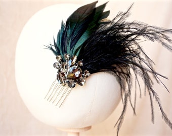 Black Feather Fascinator,Black Bridal Fascinator,Black Crystal Fascinator,Black Feather Hair Piece,Black Feather Hair Comb,Evening Hair Comb