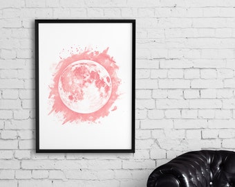 Moon Art, Blush pink moon print, Watercolor moon art poster, Printable moon wall art, Home decor printable, Astronomy art