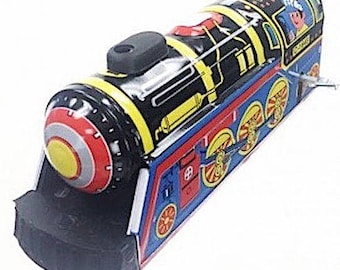 Vintage 60s Style Wind Up Express Train Engine— Tin Toy Train —Built in Key New in Original Craft Box New